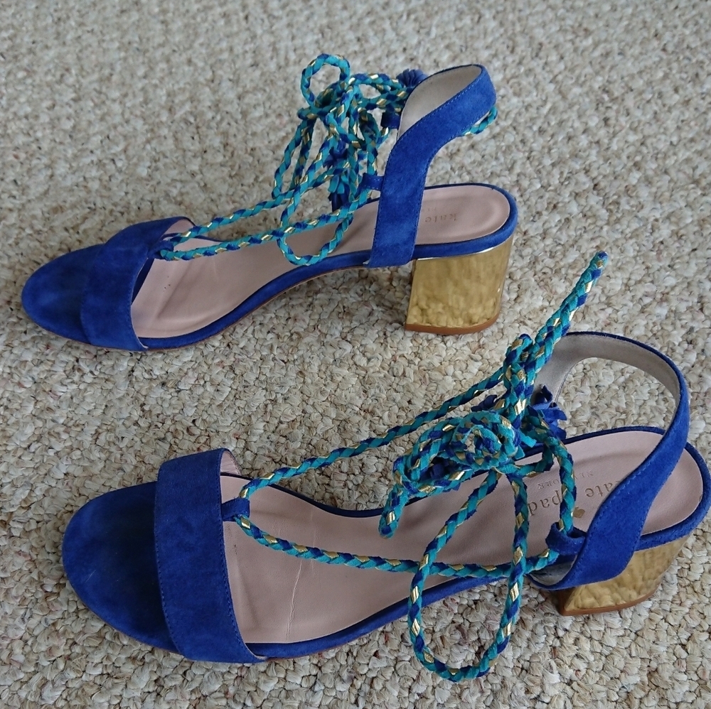 Kate Spade blue suede leather block heel sandals with tassel ties size 9.5